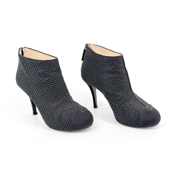 Chanel CC Cap Toe Ankle Booties Size 38.5 US 7.5-8 Black Beaded High Heel Boot - Picture 1 of 16